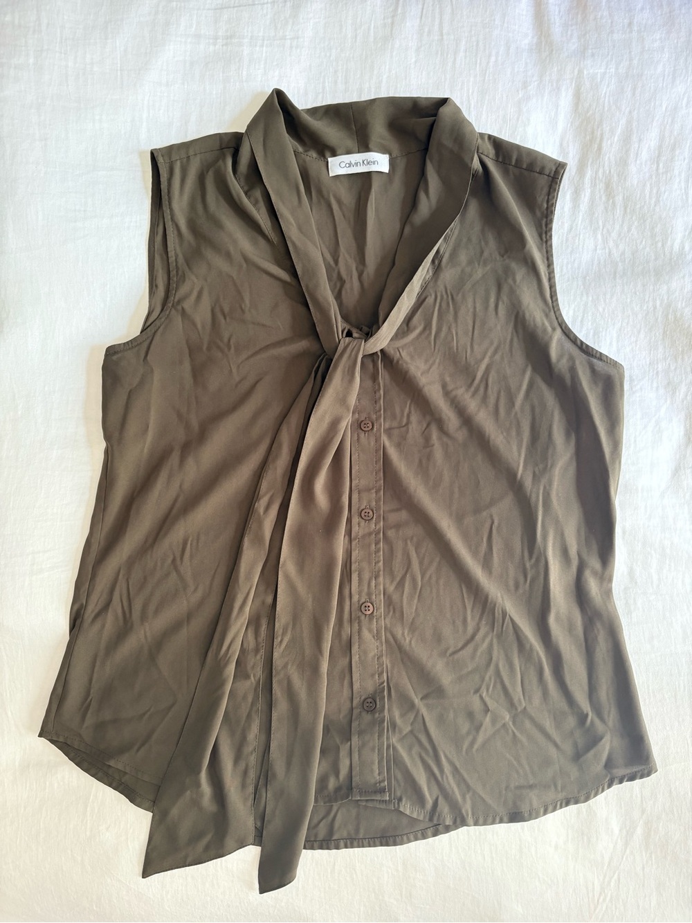 Calvin Klein Olive Tie-Neck Sleeveless Blouse